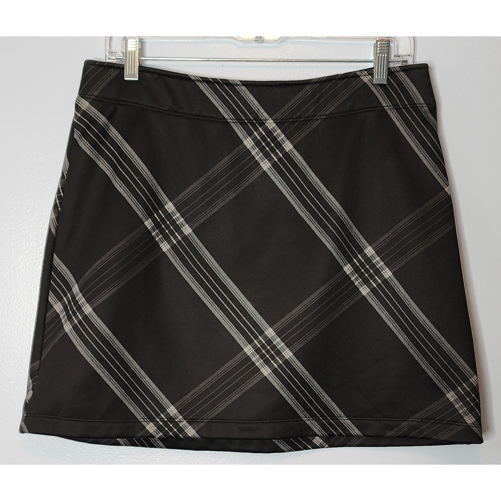 Athleta Plaid Tech Stretch Wander Fleece Mini Skirt Size M Black Gray Active EXC